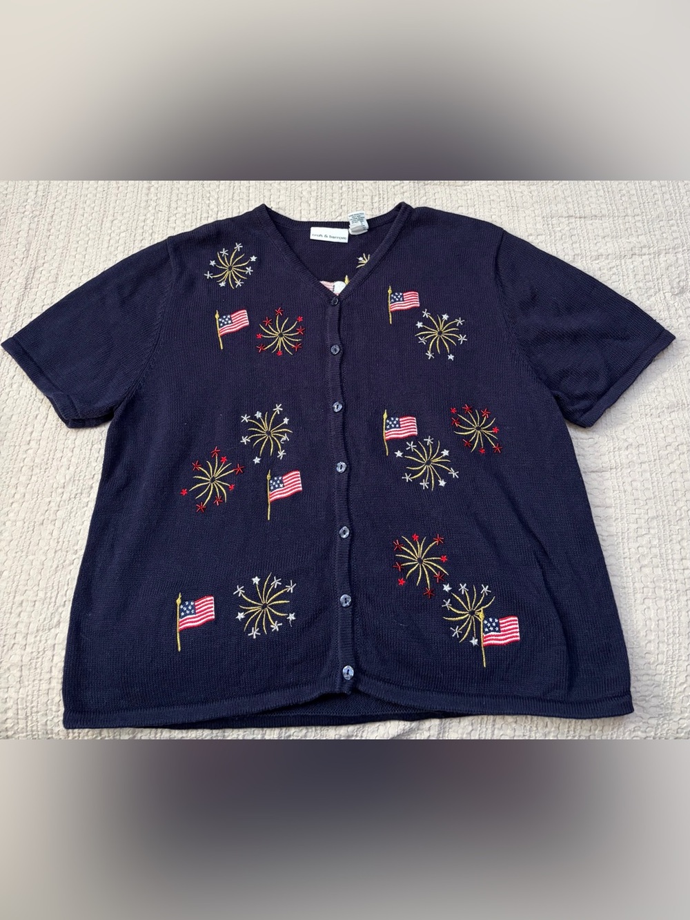 croft & barrow Navy Short‑Sleeve Button Cardigan with Flag & Firework Embroidery